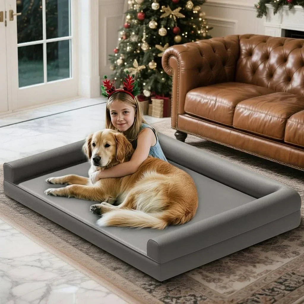 CalmPaws マイクロファイバーレザーと防水ボルスター付きの整形外科仕様犬用ソファ、犬用