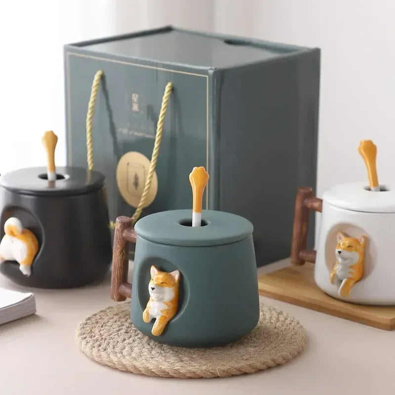 Shiba Inu Keramik-Paarbecher mit Löffel und Deckel – Charmante und kreative Kaffeetasse für Teeliebhaber – Niedlich und bezaubernd