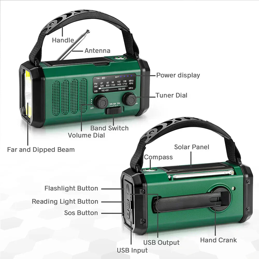 רדיו חירום סולארי עם ידית הפעלה, סוללה 10000mAh, NOAA, פאוור בנק ופנס