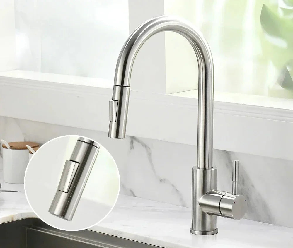 Caden Silver Kitchen Sink Faucet – Pull-Out Single Handle Basin Tap with Ceramic Valve