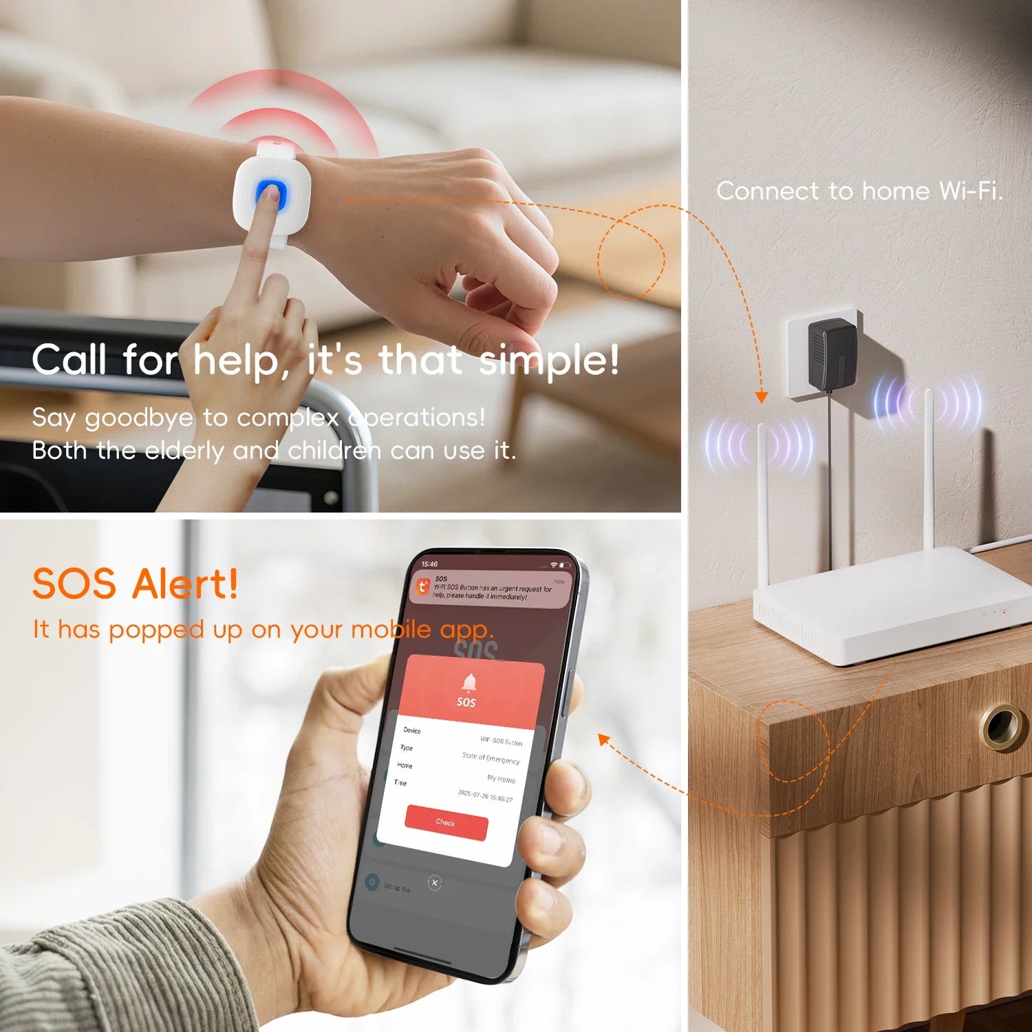 WiFi SOS Nödklocka - App-pushnotiser - USB-uppladdningsbar - Vattentät - Svart och vit
