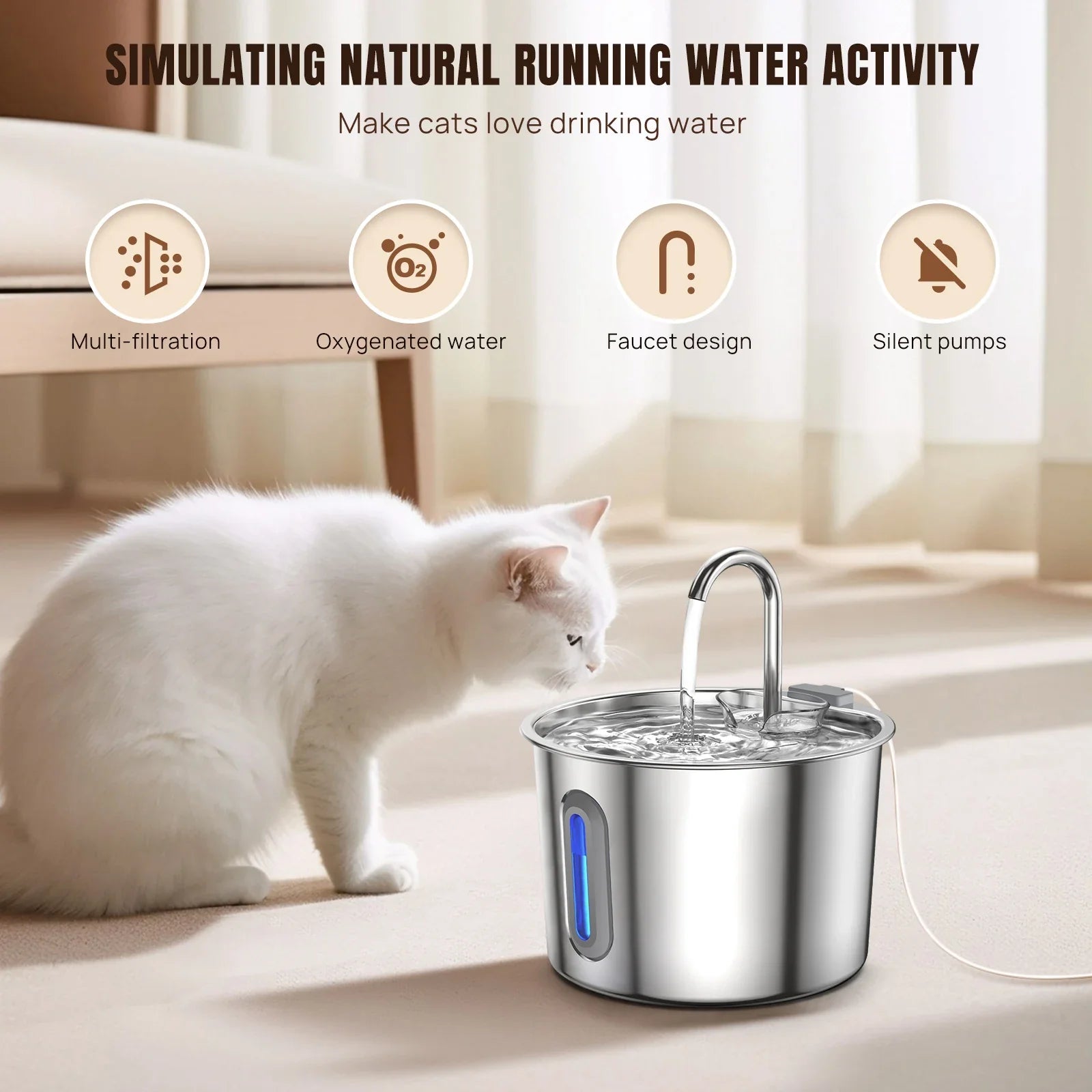 Cat Water Fountain - 304 Stainless Steel - 2.2L - Triple Filter - Quiet 5V Pump