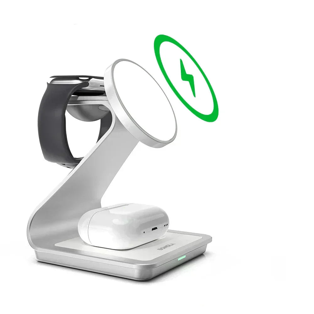 AuroraCharge | شاحن لاسلكي مغناطيسي 3 في 1 بقوة 30 واط لـ iPhone وApple Watch وAirPods | Orntli