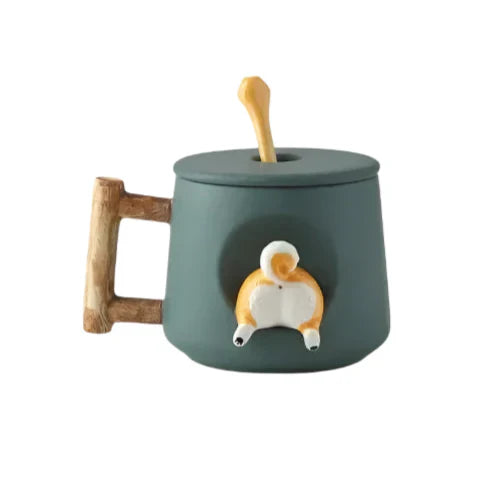 Shiba Inu Keramik-Paarbecher mit Löffel und Deckel – Charmante und kreative Kaffeetasse für Teeliebhaber – Niedlich und bezaubernd