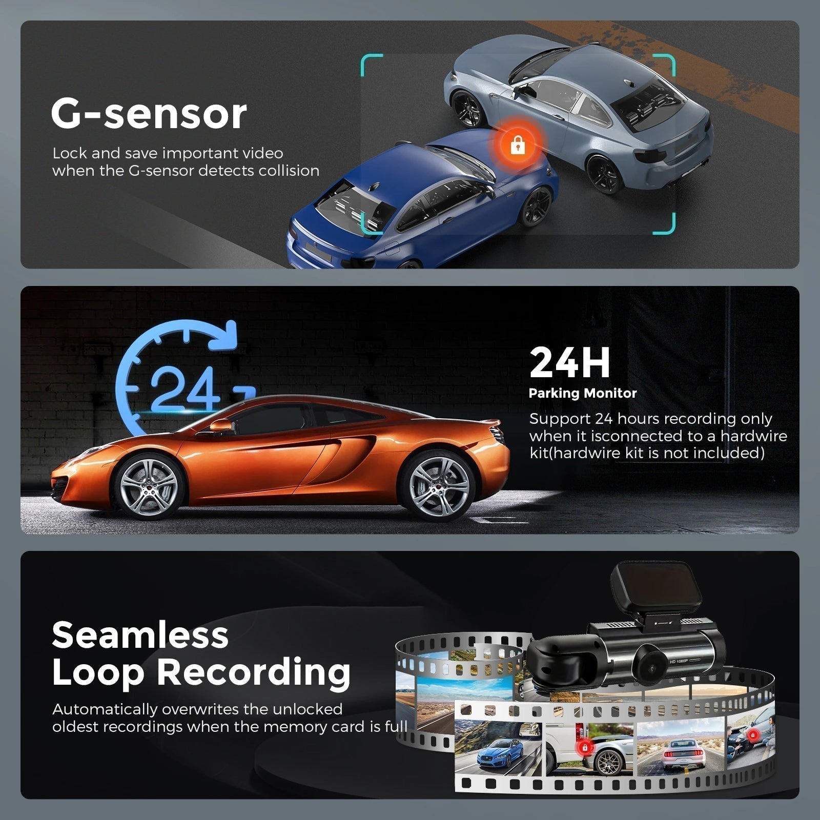 Cámara doble para tablero con WiFi 1080P con visión nocturna IR frontal e interior y grabación en bucle