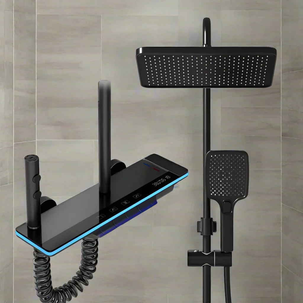 Luxura digitalni zaslon sustava za tuširanje s vodopadom – miješalica za kišu od mesinga s LED lampom