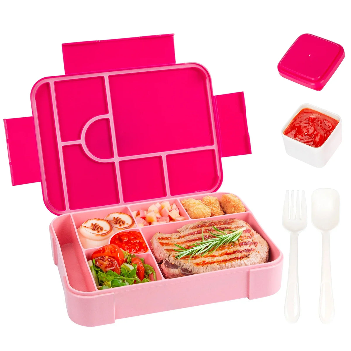 Portapranzo da 1330 ml con 7 scomparti — a tenuta stagna, adatto al microonde + posate