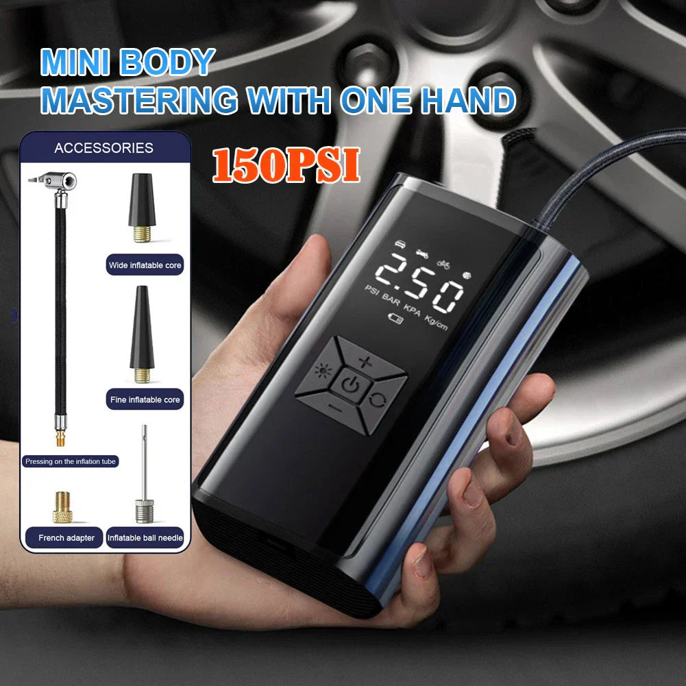 120W Přenosný vzduchový kompresor bezdrátový/kabelový nafukovač, přenosný nafukovač pneumatik pro auto, kolo, míče – digitální displej, 150PSI, baterie 2000mAh