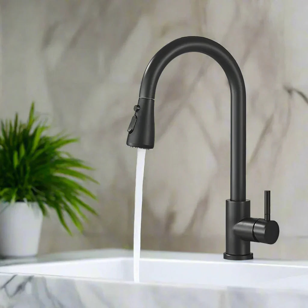 スタイリッシュなブラックキッチン蛇口：デュアルモード搭載のフレキシブルプルアウトノズル