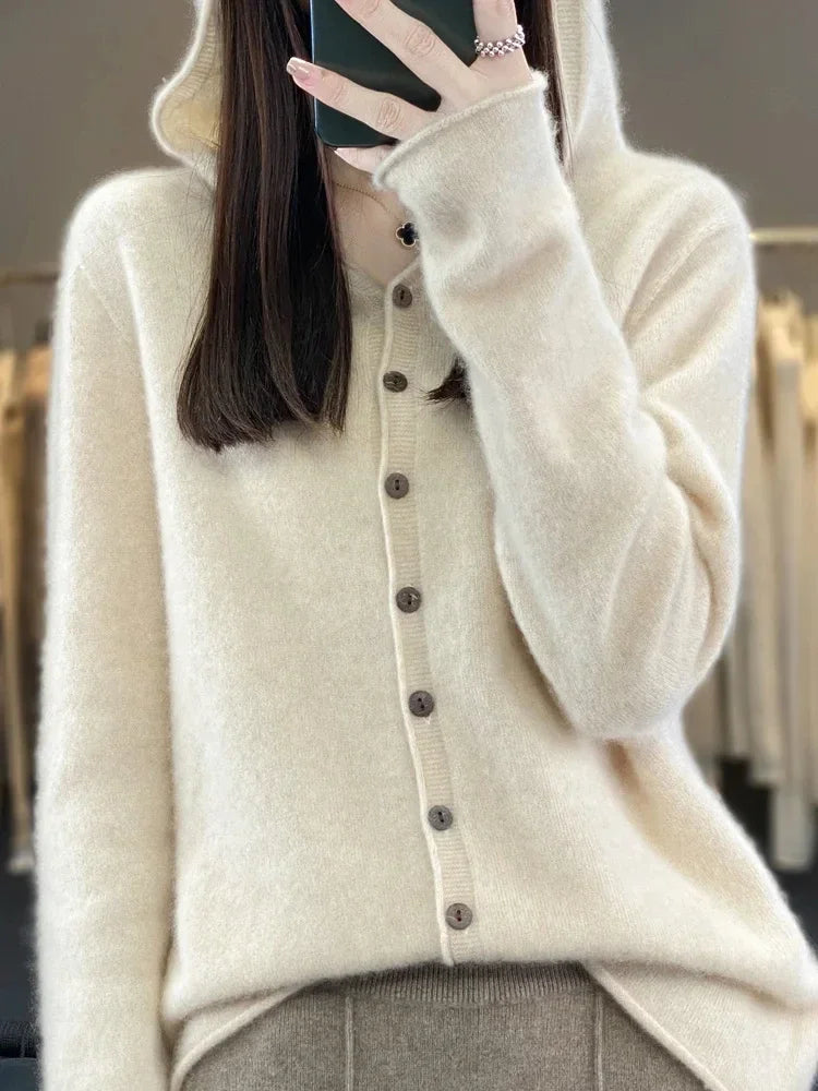 كارديغان هودي نسائي من صوف الميرينو – بأكمام طويلة، محاك من الكشمير، سترة كاجوال لخريف وشتاء