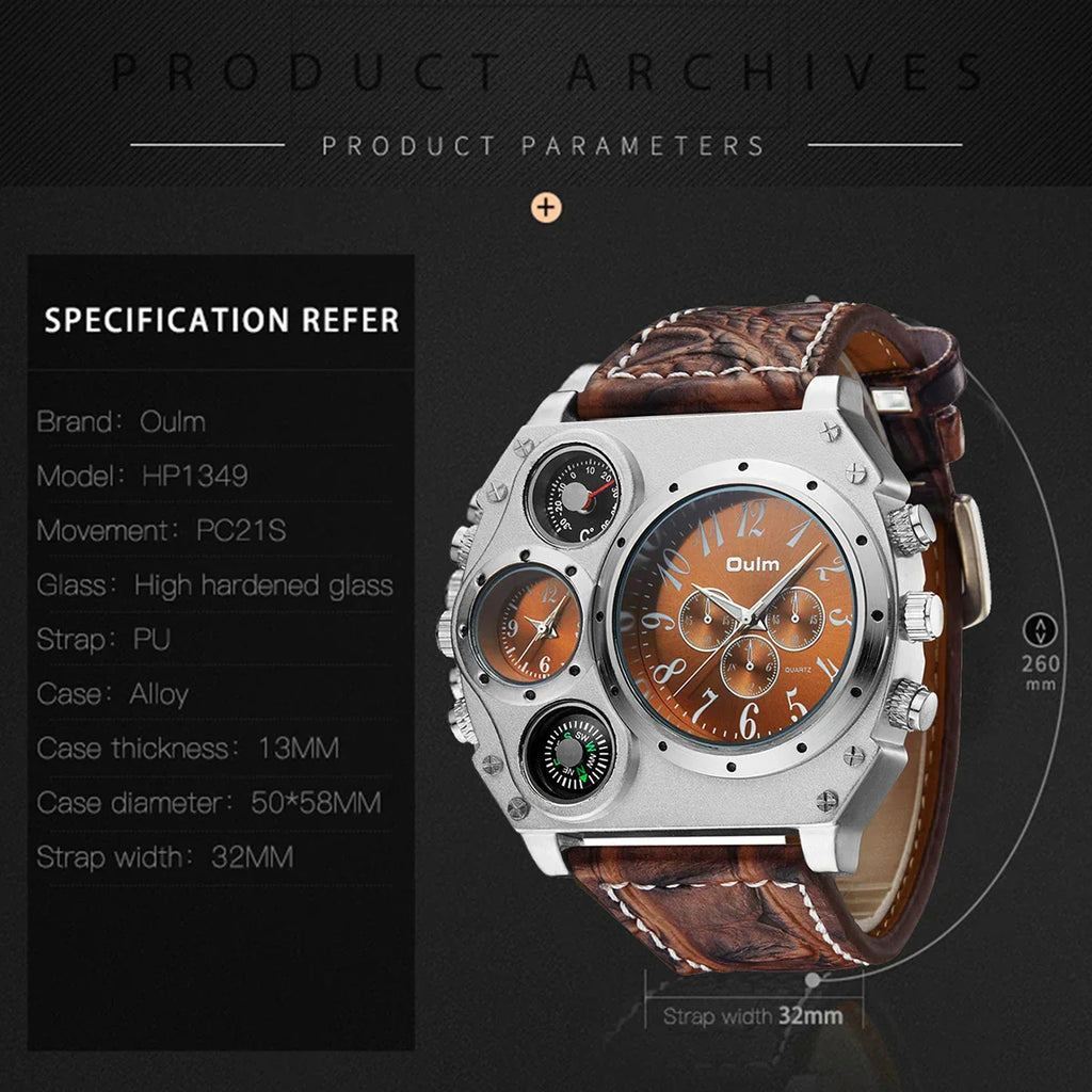Montre militaire pour homme Oulm Titan – Montre-bracelet sportive à quartz multi-fuseaux horaires avec cadran surdimensionné