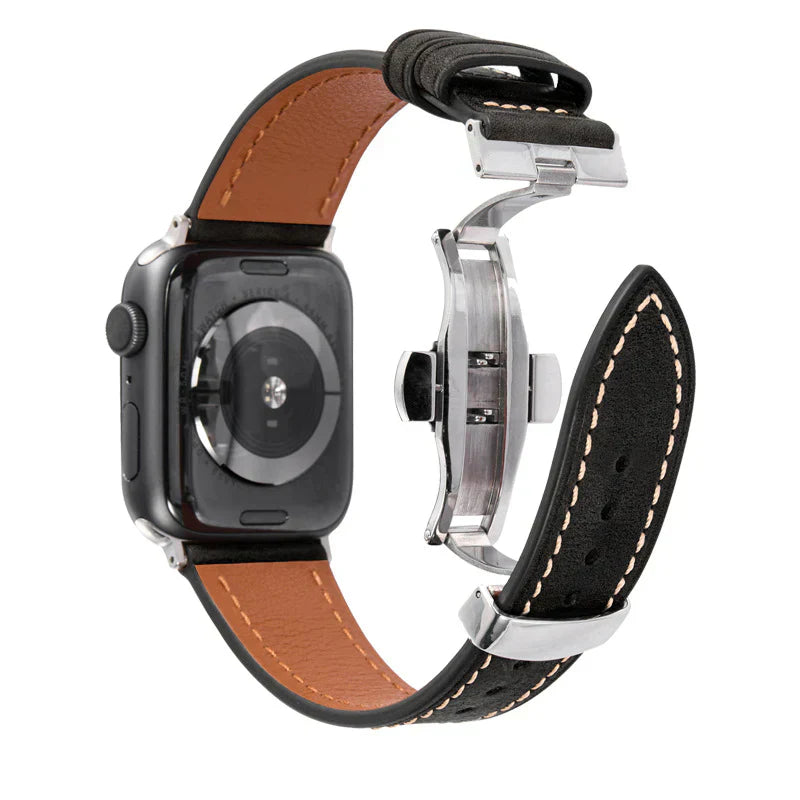 Lyxigt läderarmband med fjärilsspänne för Apple Watch