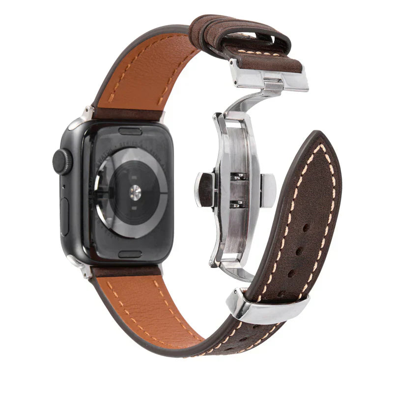 Lyxigt läderarmband med fjärilsspänne för Apple Watch