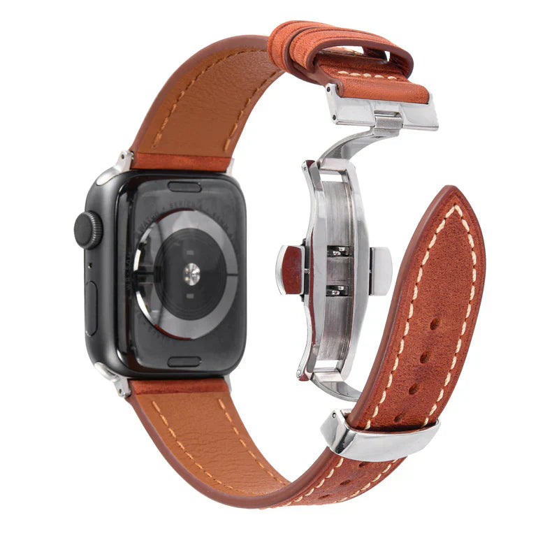 Lyxigt läderarmband med fjärilsspänne för Apple Watch