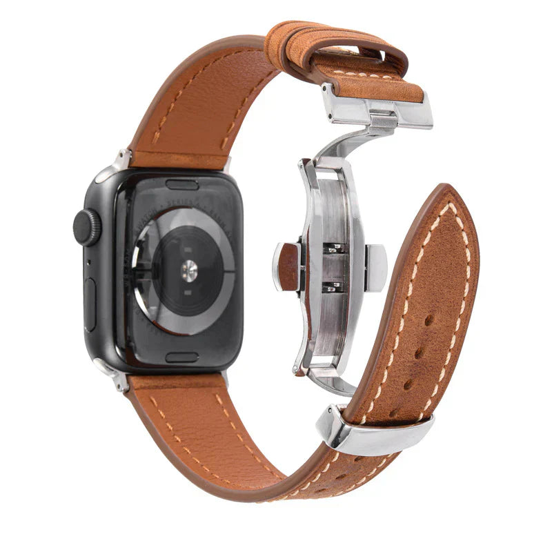 Lyxigt läderarmband med fjärilsspänne för Apple Watch