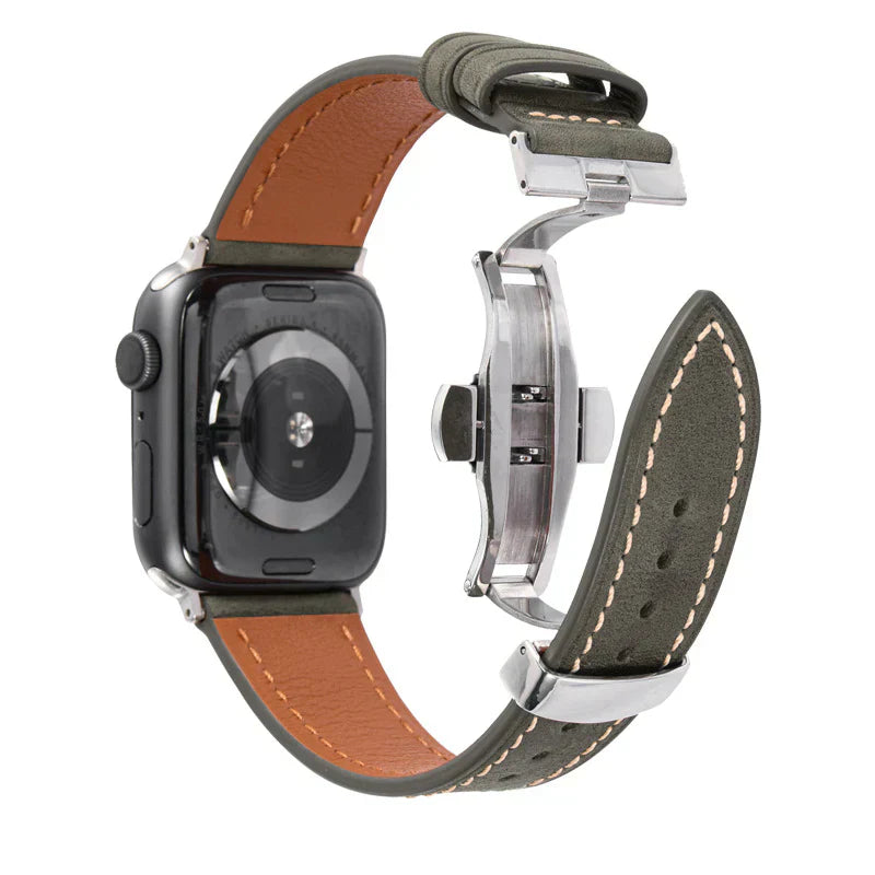 Lyxigt läderarmband med fjärilsspänne för Apple Watch