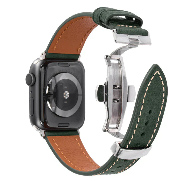 Lyxigt läderarmband med fjärilsspänne för Apple Watch