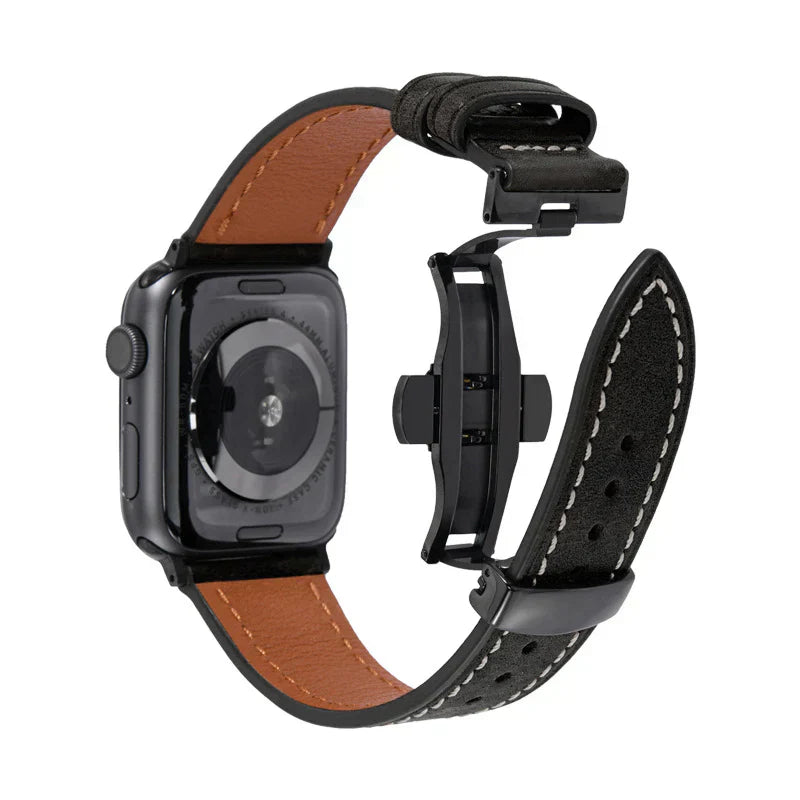 Lyxigt läderarmband med fjärilsspänne för Apple Watch