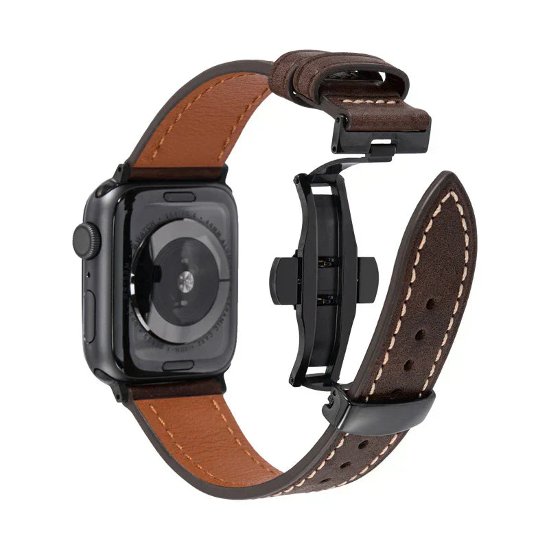 Lyxigt läderarmband med fjärilsspänne för Apple Watch