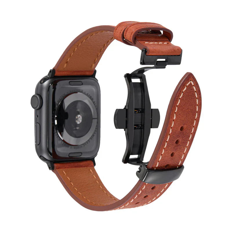 Lyxigt läderarmband med fjärilsspänne för Apple Watch
