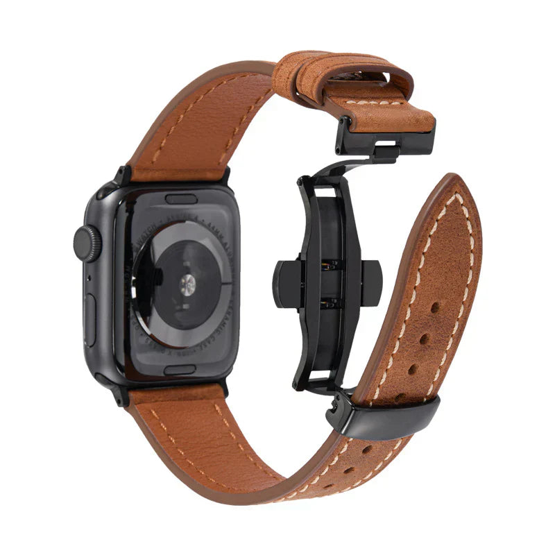 Lyxigt läderarmband med fjärilsspänne för Apple Watch