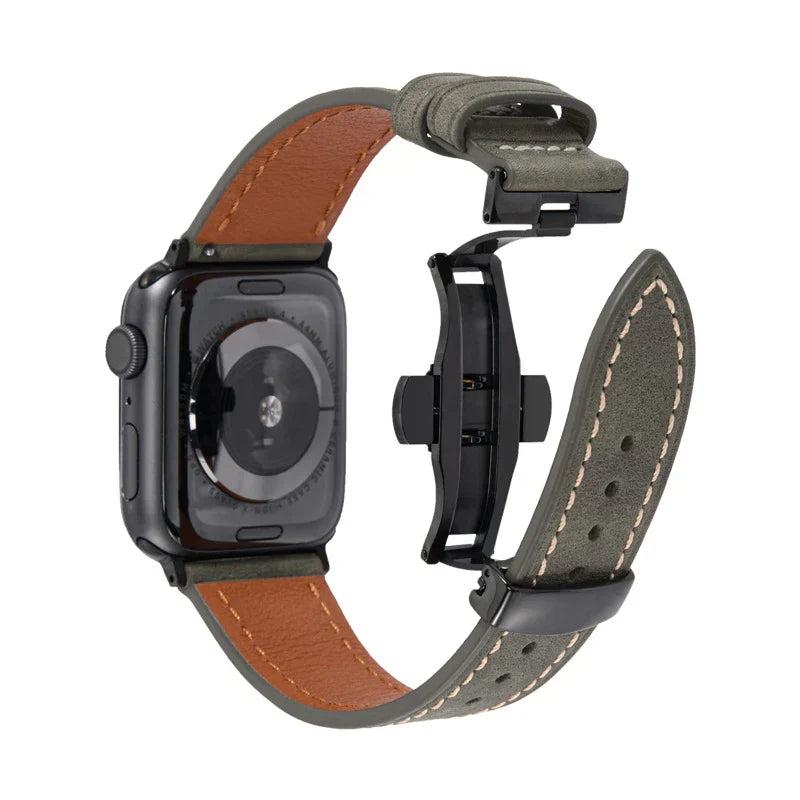 Lyxigt läderarmband med fjärilsspänne för Apple Watch