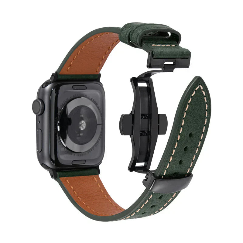 Lyxigt läderarmband med fjärilsspänne för Apple Watch