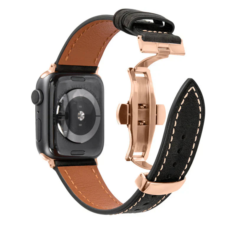 Lyxigt läderarmband med fjärilsspänne för Apple Watch