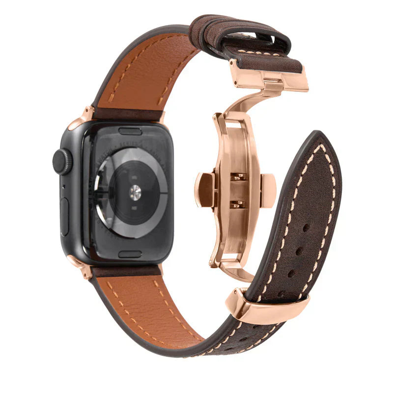 Lyxigt läderarmband med fjärilsspänne för Apple Watch