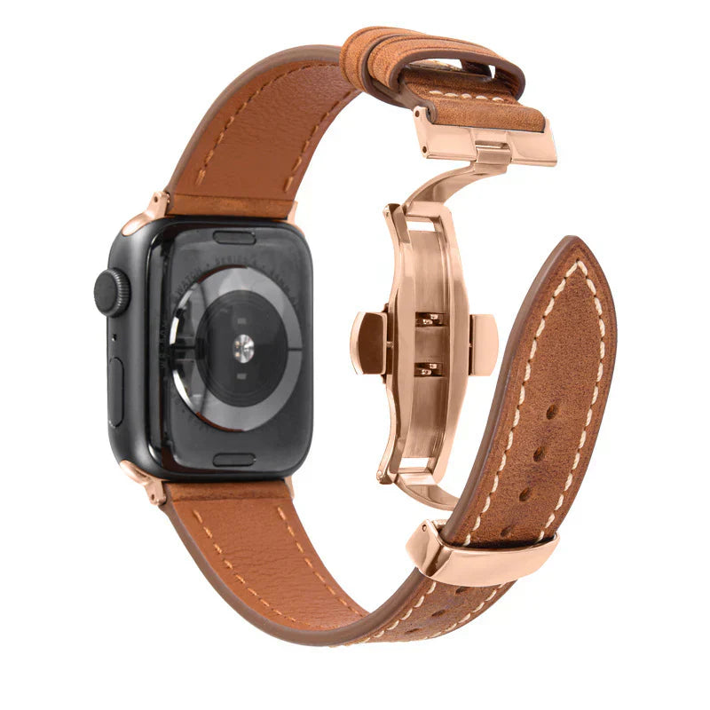 Lyxigt läderarmband med fjärilsspänne för Apple Watch