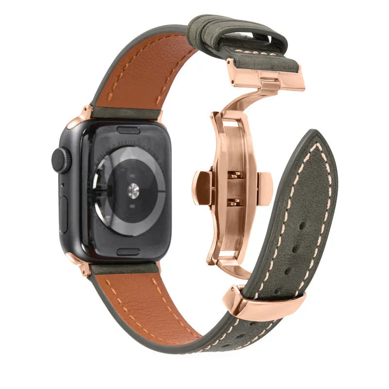 Lyxigt läderarmband med fjärilsspänne för Apple Watch