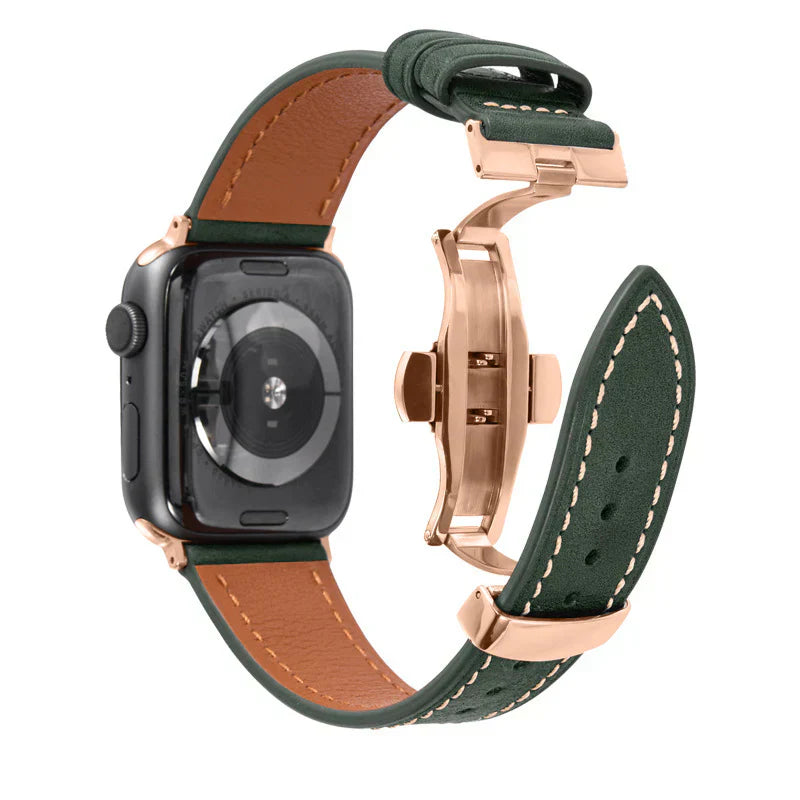 Lyxigt läderarmband med fjärilsspänne för Apple Watch