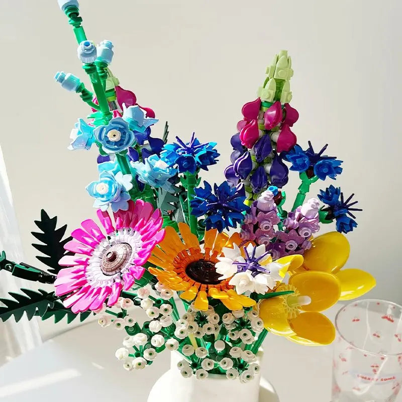 Blumen Lego Strauß Dekorationsset – Romantische Rose Künstliche Blume Erwachsene Pflanzenset (Valentinstagsgeschenk)