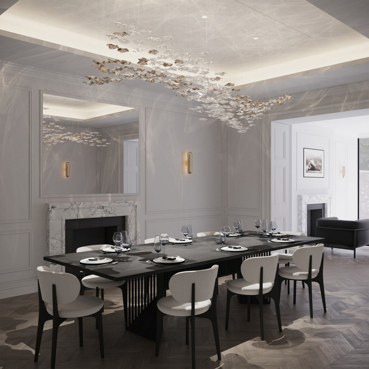 Grande lampadario a foglie di cristallo Nephele — Rosone 210x80cm, onde a cascata