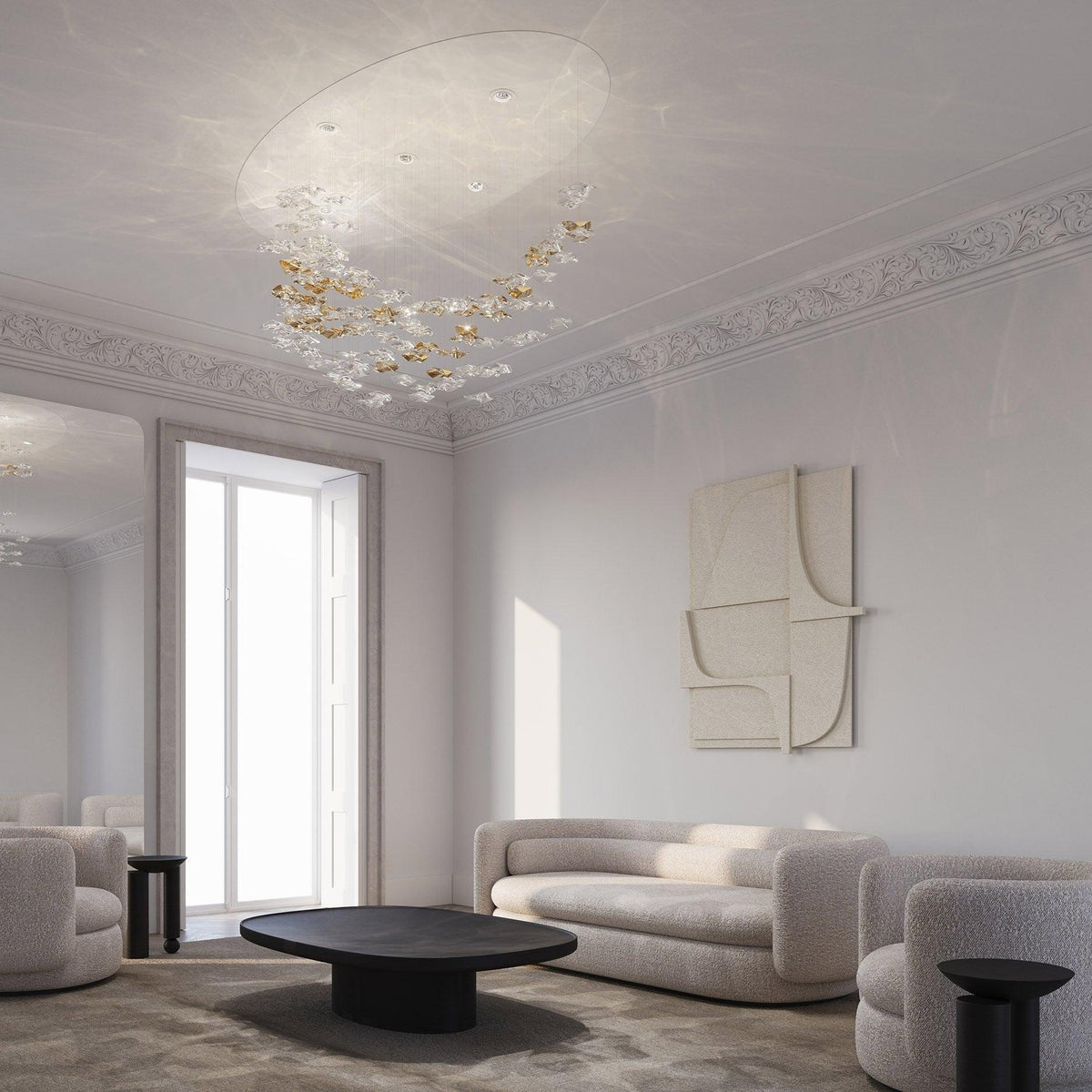 Grande lampadario a foglie di cristallo Nephele — Rosone 210x80cm, onde a cascata