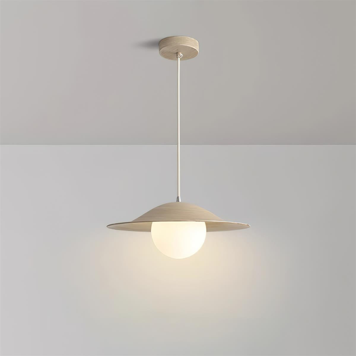 Opilo pendellampe i metall og glass — 35cm diameter, E14-sokkel, dimbar, lysegrønn beige med hvitt treåremønster
