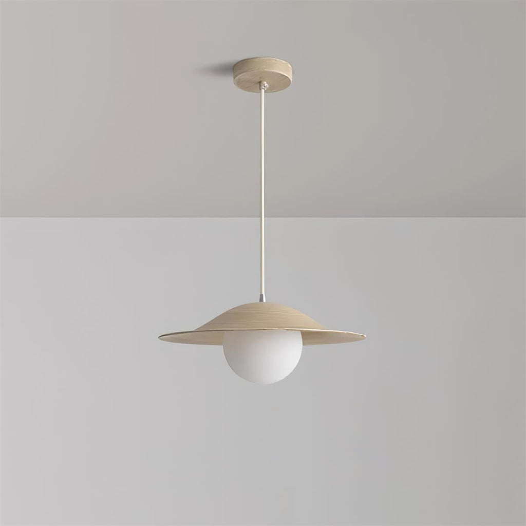 Opilo pendellampe i metall og glass — 35cm diameter, E14-sokkel, dimbar, lysegrønn beige med hvitt treåremønster