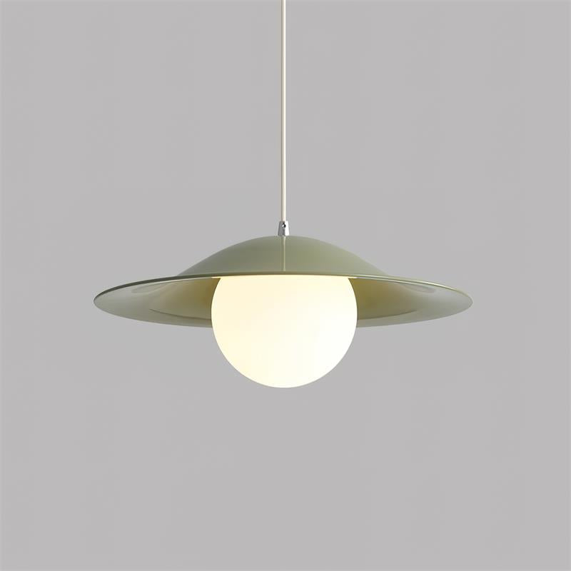 Opilo pendellampe i metall og glass — 35cm diameter, E14-sokkel, dimbar, lysegrønn beige med hvitt treåremønster