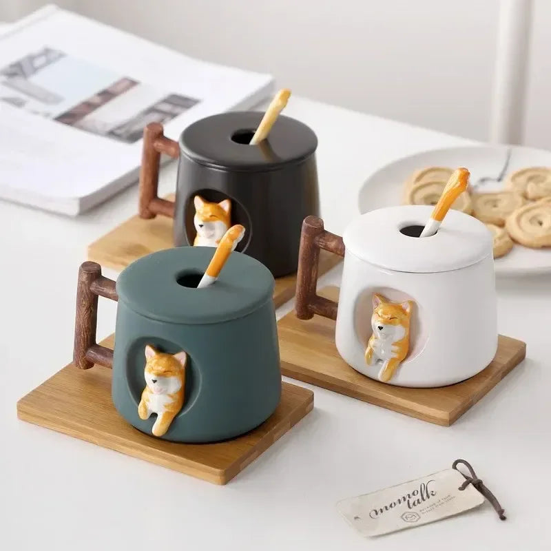 Shiba Inu Keramik-Paarbecher mit Löffel und Deckel – Charmante und kreative Kaffeetasse für Teeliebhaber – Niedlich und bezaubernd