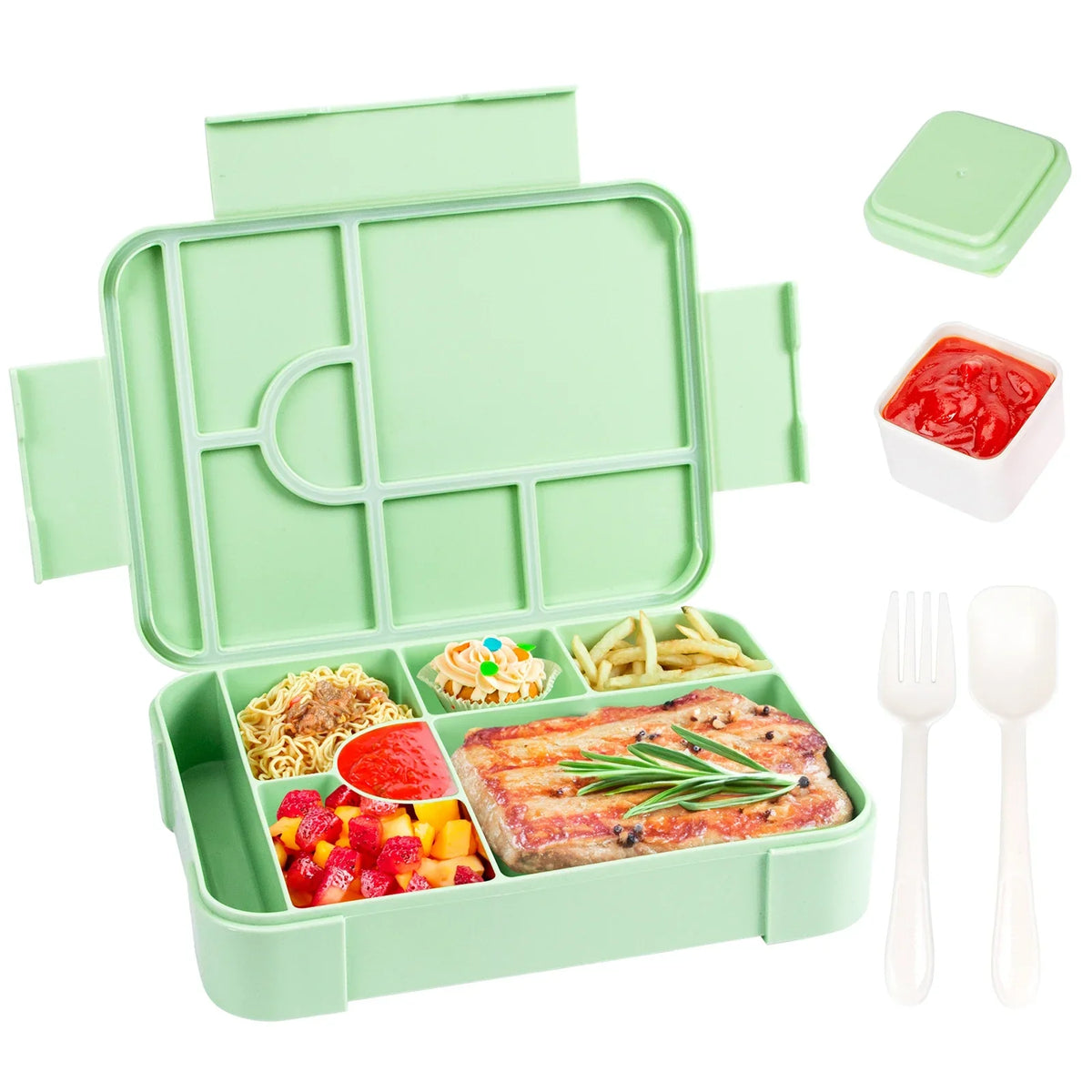 Portapranzo da 1330 ml con 7 scomparti — a tenuta stagna, adatto al microonde + posate