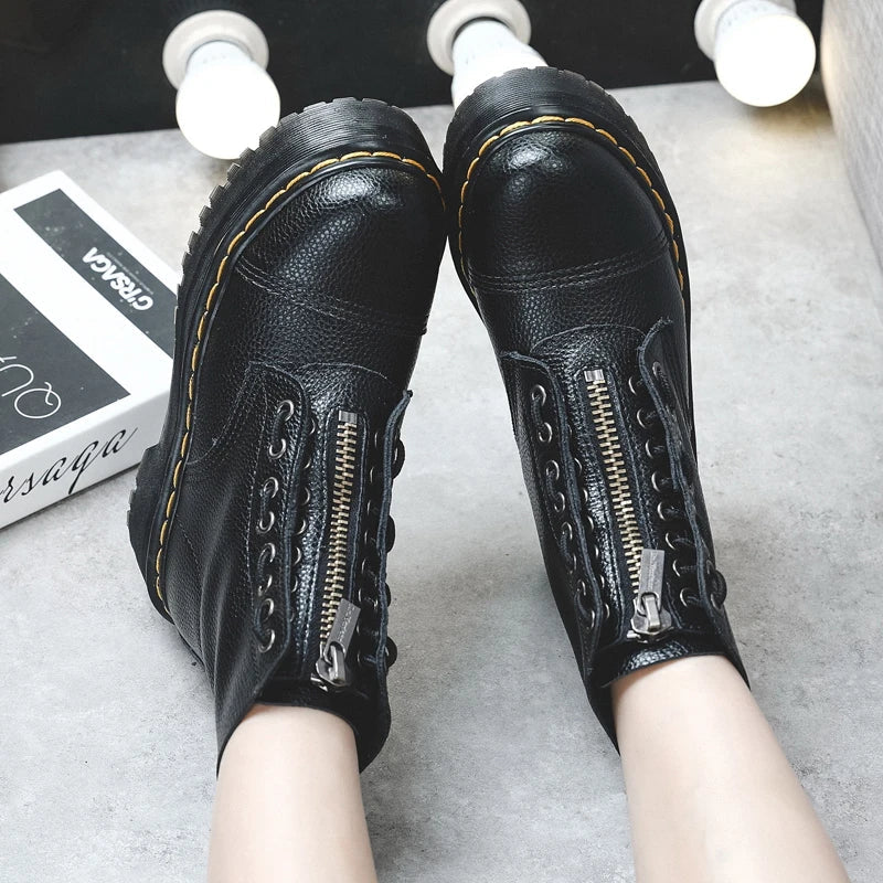 Botas de plataforma de cuero genuino para mujer – Zapatos de motocicleta con cremallera frontal y suelas ópticas