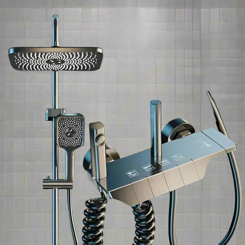 AquaSense Digitalni Tuš Set – 4 Funkcije, Visoki Pritisak, Mjedeni Mikser, Termostatska Kontrola