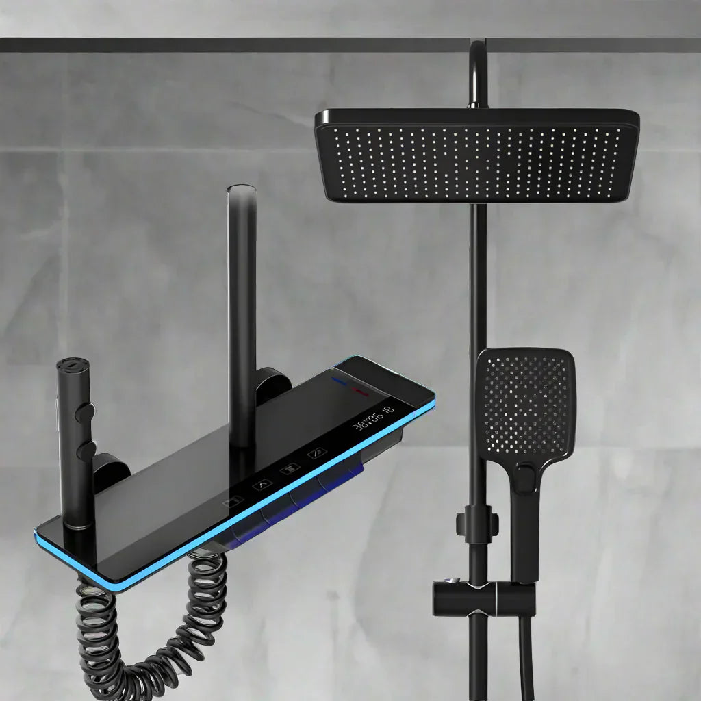 Luxura digitalni zaslon sustava za tuširanje s vodopadom – miješalica za kišu od mesinga s LED lampom