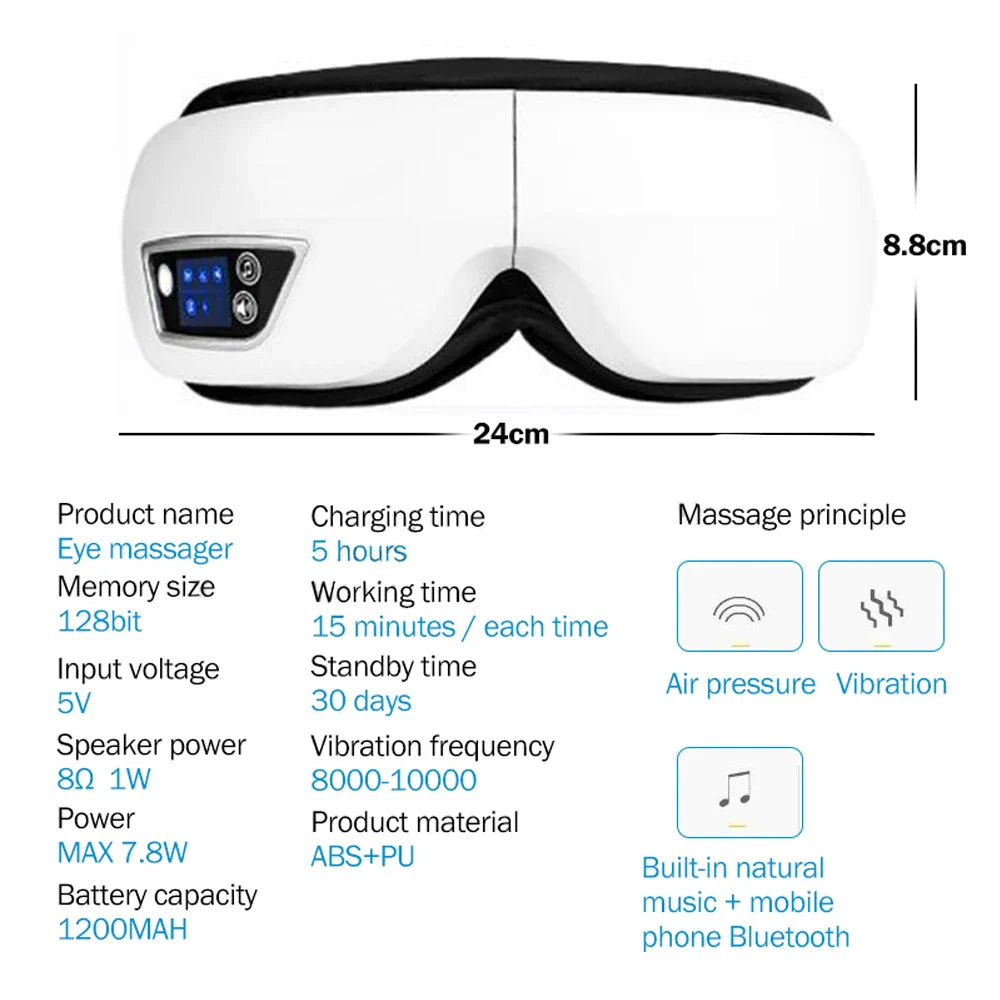 Eye Massager - 6D Airbag Compression - Bluetooth Music - 4 Modes - 1200mAh