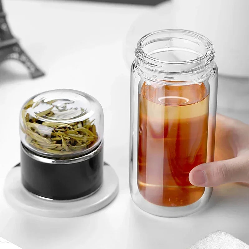 Glass Tea Infuser Bottle – Double-Wall, Separate Tea Chamber, Leakproof, 430 ml