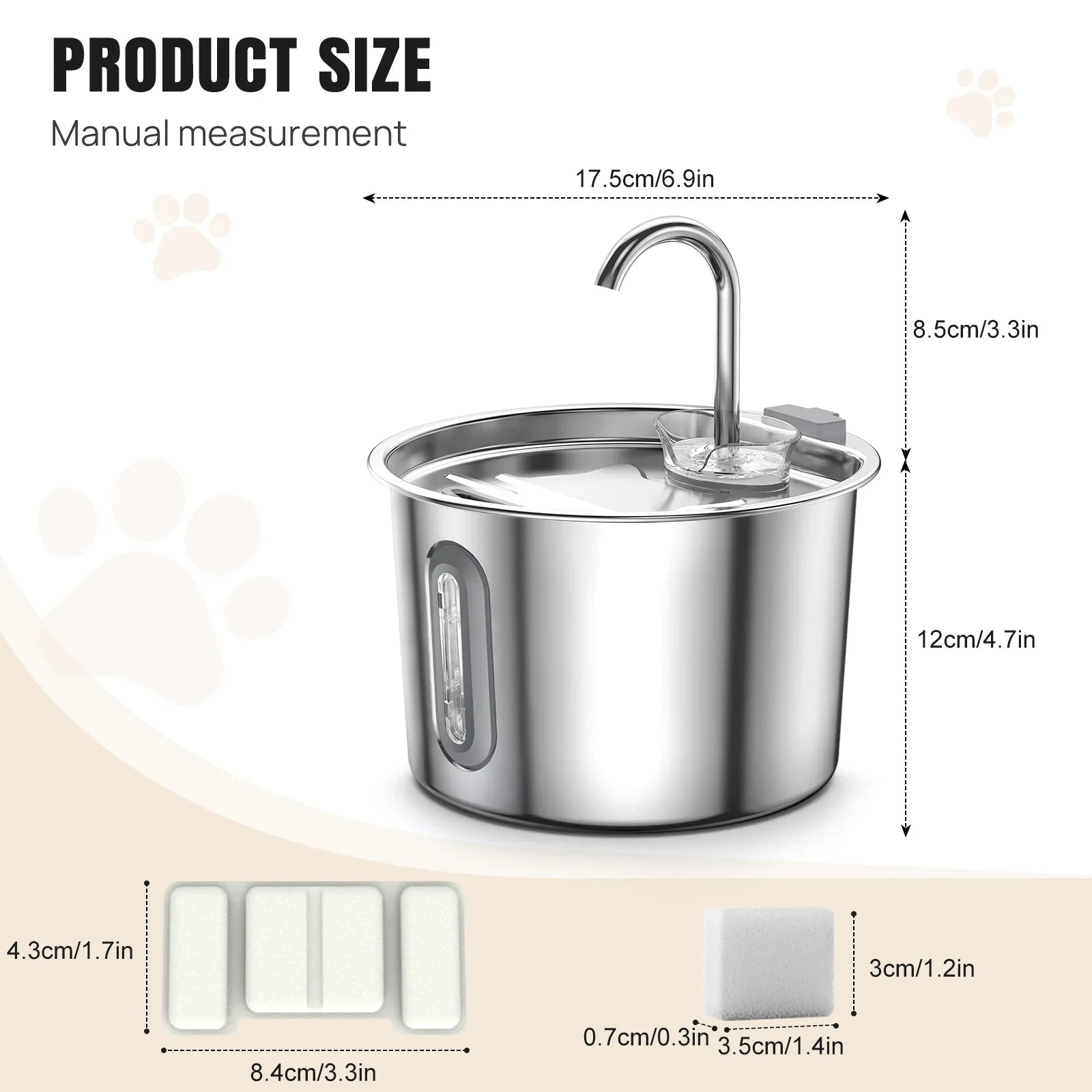 Cat Water Fountain - 304 Stainless Steel - 2.2L - Triple Filter - Quiet 5V Pump