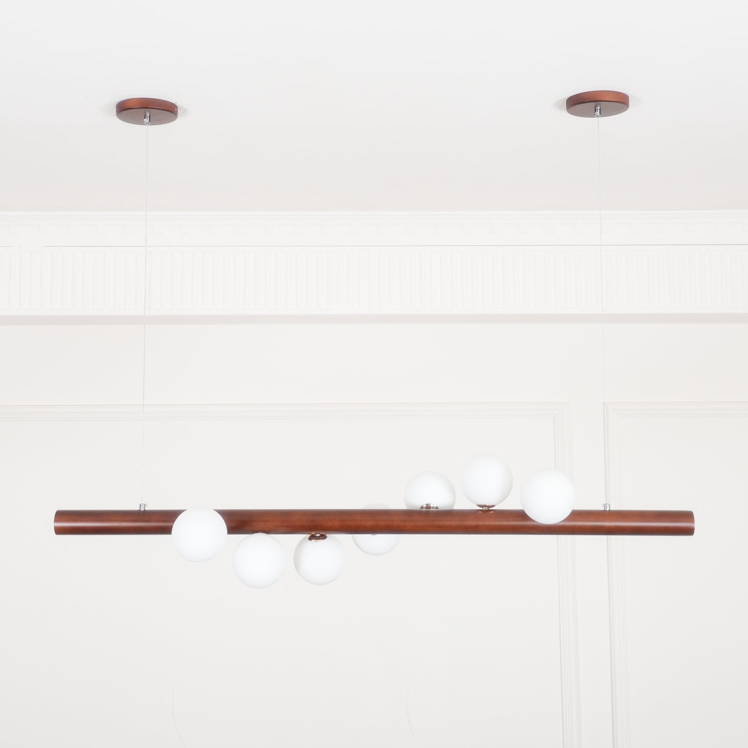 Contemporary Scandinavian Wooden Pendant Light — Linear Staggered Globes