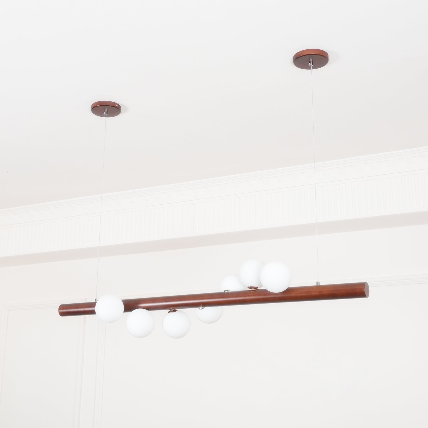 Contemporary Scandinavian Wooden Pendant Light — Linear Staggered Globes