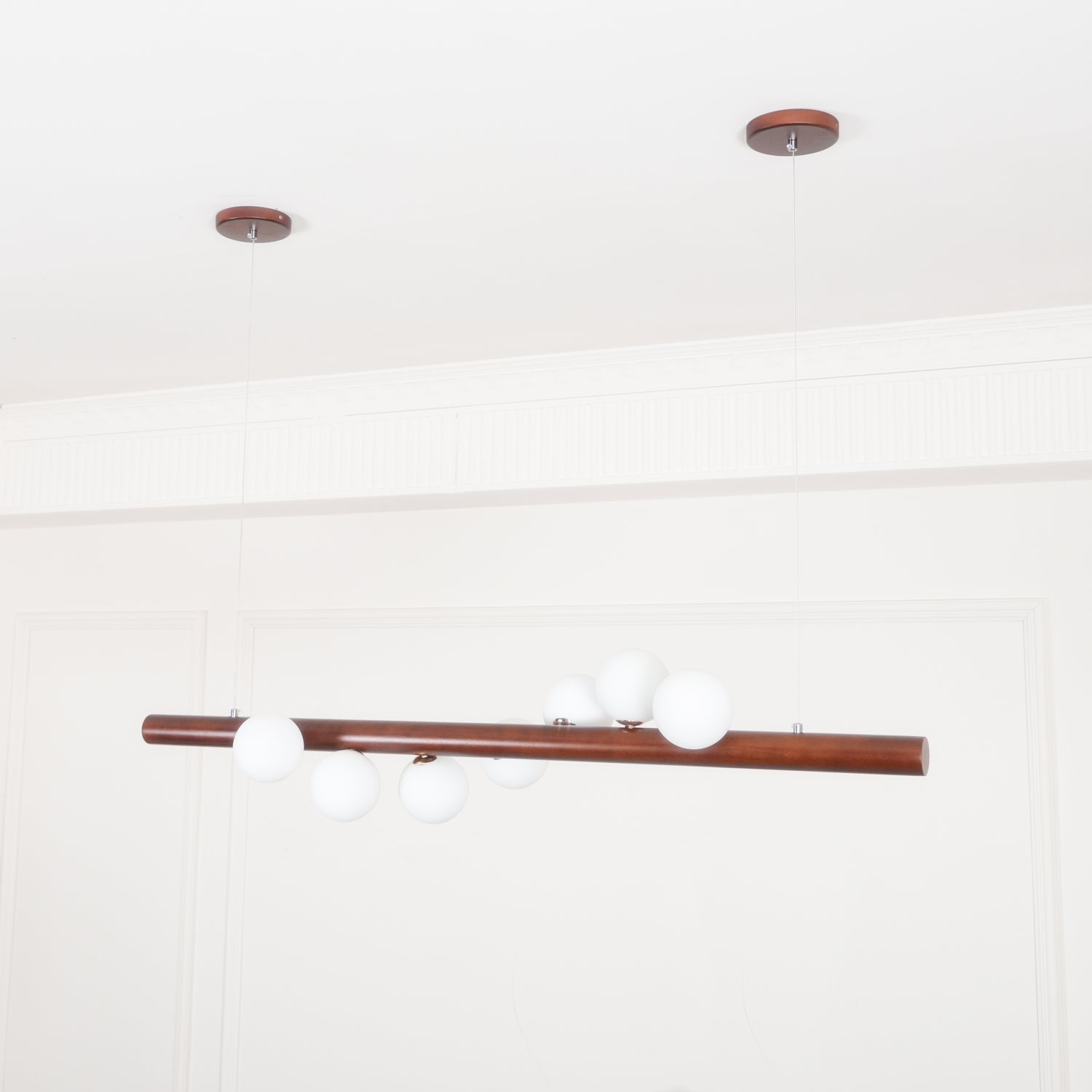 Contemporary Scandinavian Wooden Pendant Light — Linear Staggered Globes