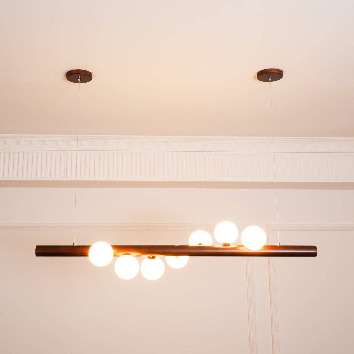 Contemporary Scandinavian Wooden Pendant Light — Linear Staggered Globes